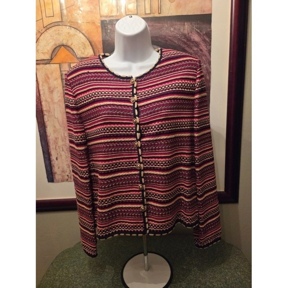 Sz M St. John Collection Crimson/ Navy/ Gold Button Cardigan Sweater Jacket NWT!